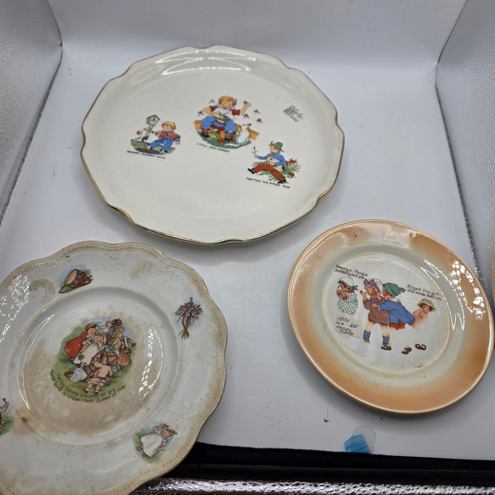 3 Antique Style Nursery Rhyme Childrens Plates Florence China Gold Trim